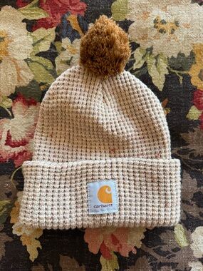 NWOT Carhartt Cream Waffle-Knit Beanie with Brown Pom